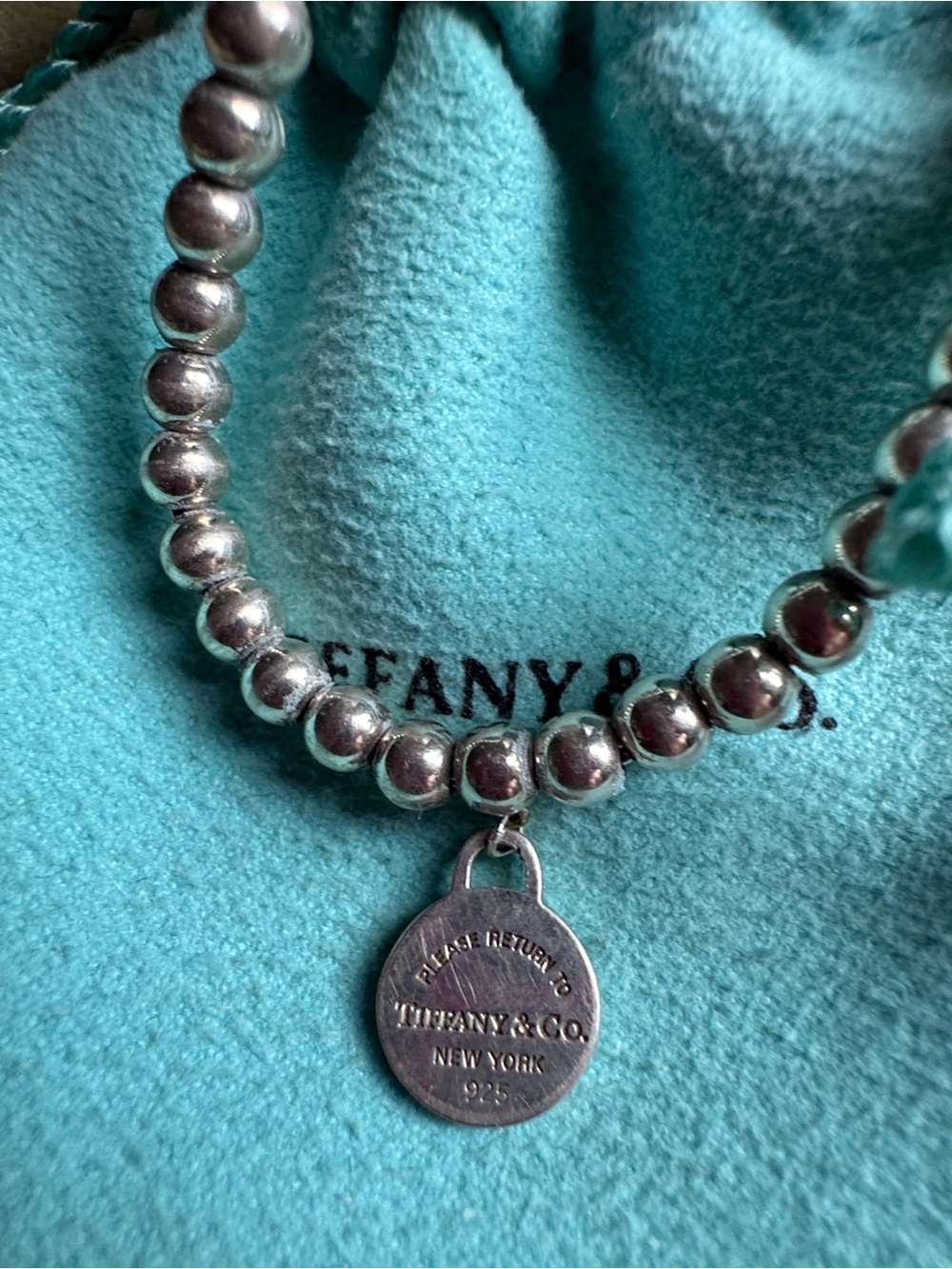 Authentic Tiffany & Co. Sterling Silver Bead Bracelet with Turquoise Pouch